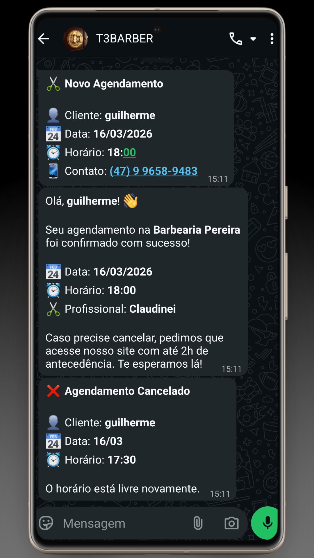 Confirmação automática via WhatsApp